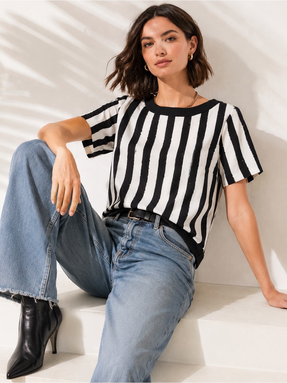Trina Turk Black White Brushstroke Stripe Boxy Top Blouse M